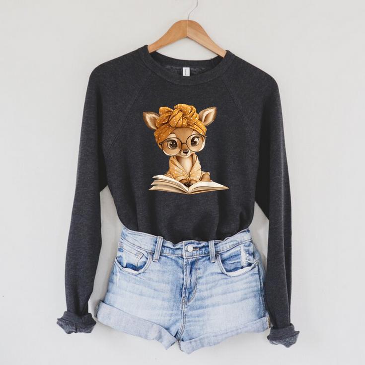 Adorable Fawn Reading Book Lover With Raglan Sleeve Sweatshirt