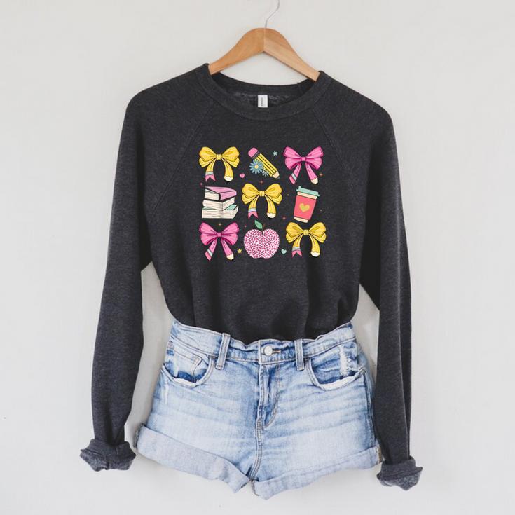 Apple Coquette Bow Books First Day Of School Back To School Raglan Sleeve Sweatshirt Apple Coquette Bow Books First Day Of School Back To School Raglan Sleeve Sweatshirt