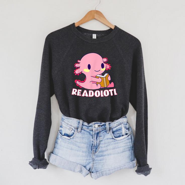 Axolotl Read Book Readolotl Ambystoma Mexicanum Walking Fish Raglan Sleeve Sweatshirt