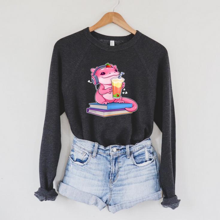Axolotl With Strawberry Matcha And Books Raglan Sleeve Sweatshirt