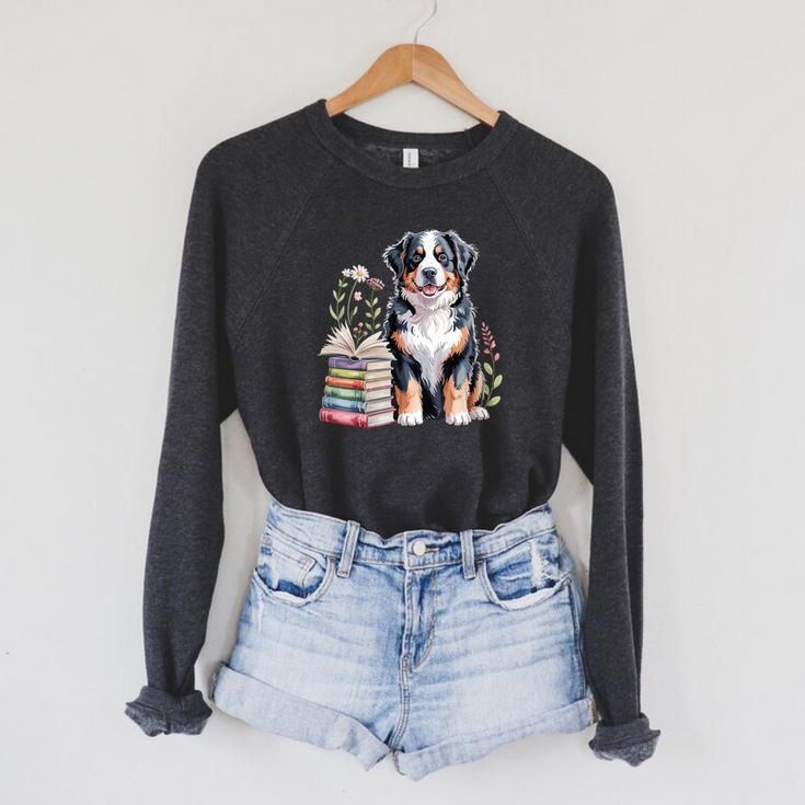 Bernese Mountain Dog Berner Bookworm Flowers Book Reading Raglan Sleeve Sweatshirt