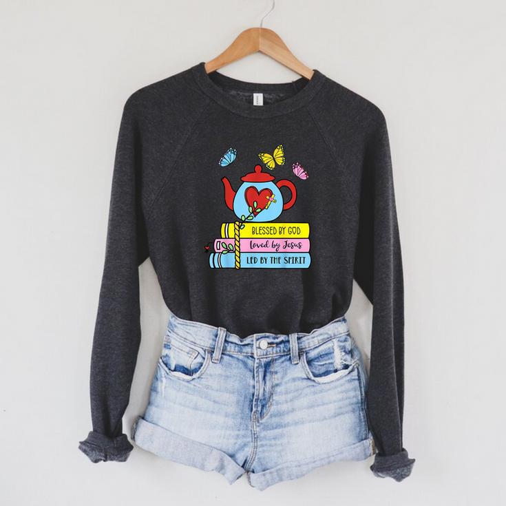 Blessed By God Loved By Jesus Book Lovers Raglan Sleeve Sweatshirt