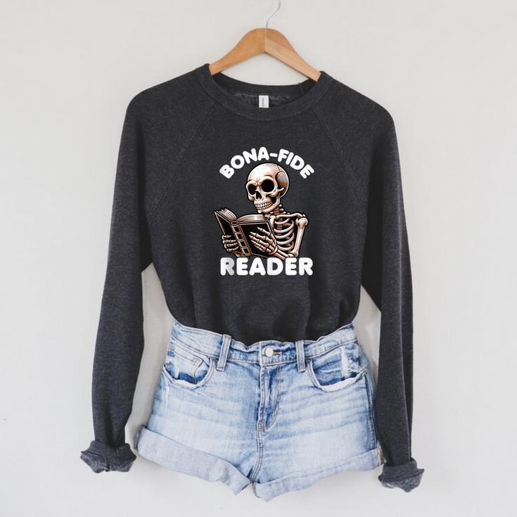 Bonafide Reader Cute Skeleton Reading a Book Lover Bookish Raglan Sleeve Sweatshirt