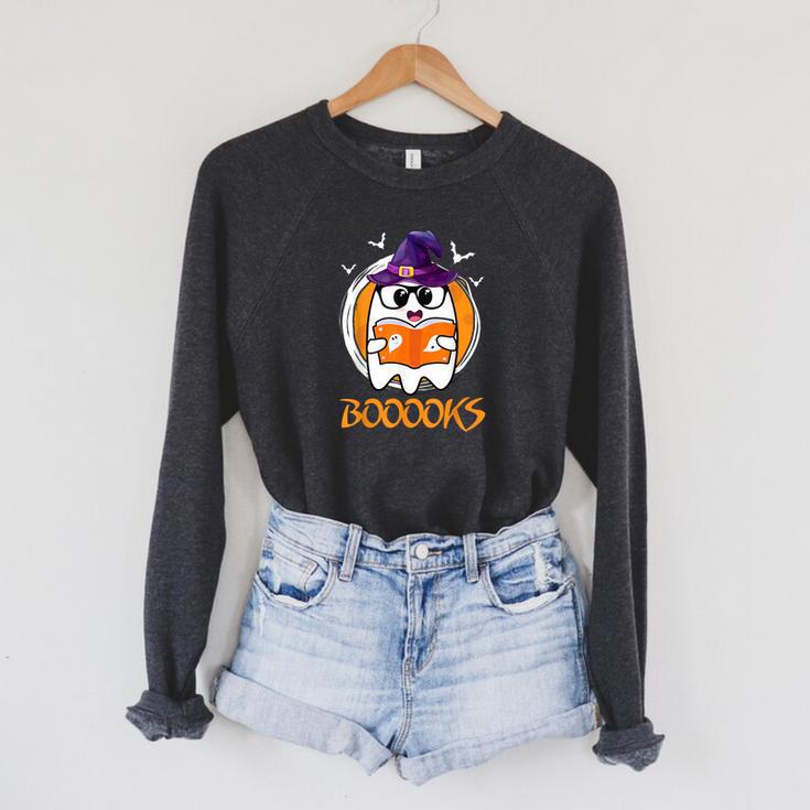 Boo Boooks Ghost Book Reading Halloween 2025 Teacher Raglan Sleeve Sweatshirt