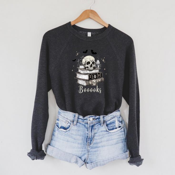Boo Skeleton Skull Books Halloween Women School Teacher Kid Raglan Sleeve Sweatshirt