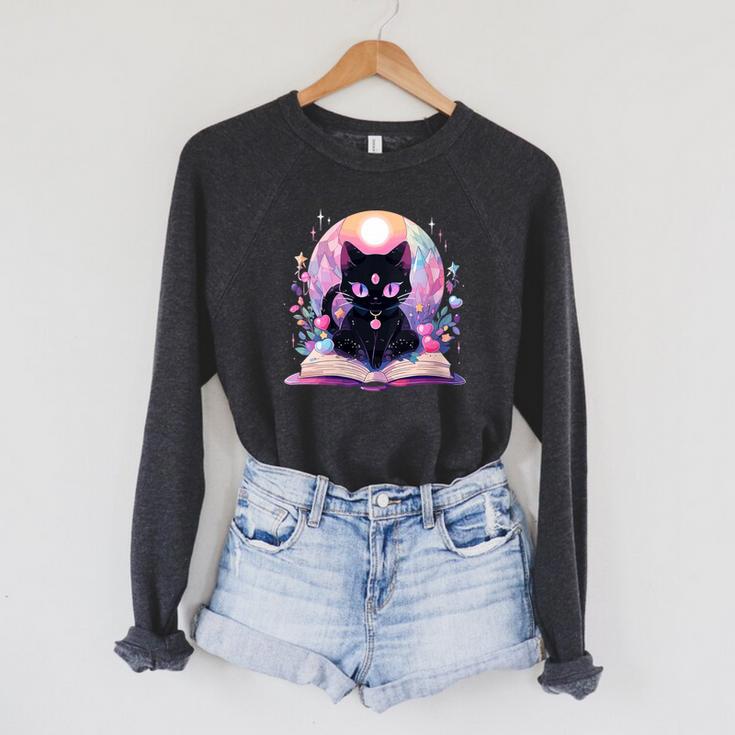Book Lover Crystal Witchy Cute Cat Kawaii Pastel Goth Raglan Sleeve Sweatshirt