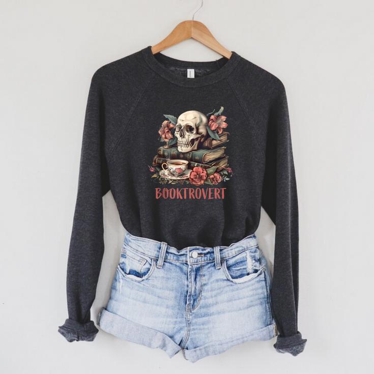 Booktrovert Skull Books Tea Flower Gothic Bookworm Bookish Raglan Sleeve Sweatshirt
