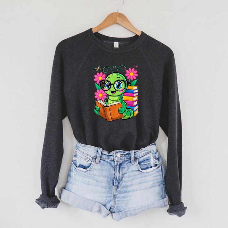 Bookworm Costume Kawaii Reading Worm For World Book Day Raglan Sleeve Sweatshirt