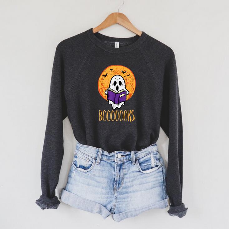 Boooks Moon Ghost Reading Halloween Bookworm Librarian Book Raglan Sleeve Sweatshirt