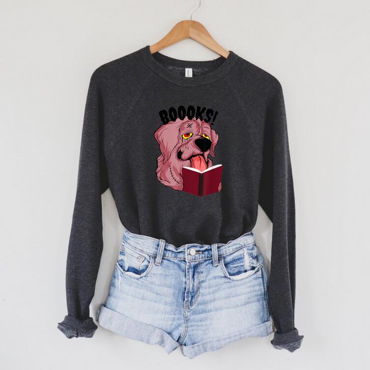BOOOKS Zombie Dog Reading a Book Halloween Teacher Men Women Kids Raglan Sleeve Sweatshirt BOOOKS Zombie Dog Reading a Book Halloween Teacher Men Women Kids Raglan Sleeve Sweatshirt