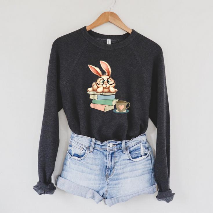 Bunny With Books And Coffee Reading Booknerd Bookish Easter Raglan Sleeve Sweatshirt