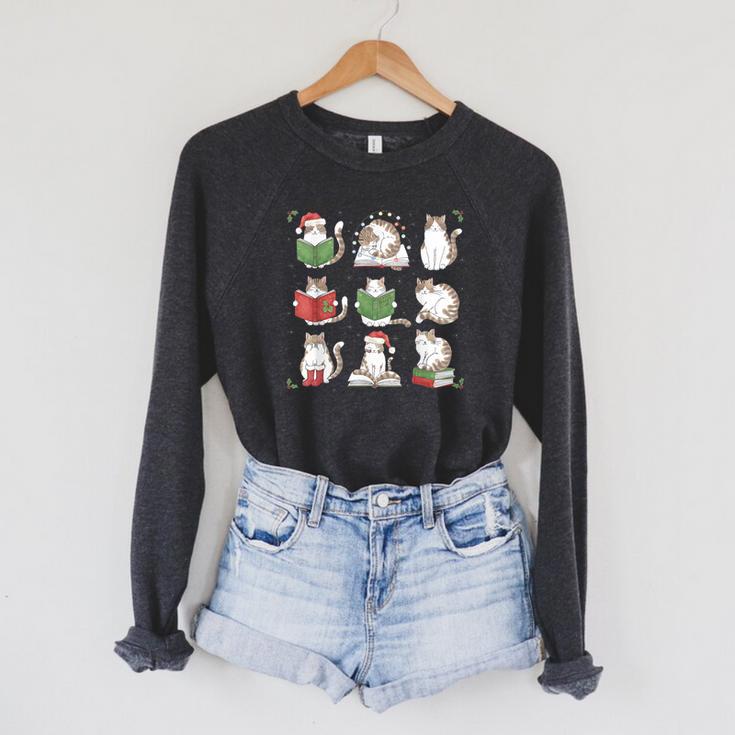Cat Reading Book Funny Christmas Cat Book Lover Librarian Men Women Kids Raglan Sleeve Sweatshirt