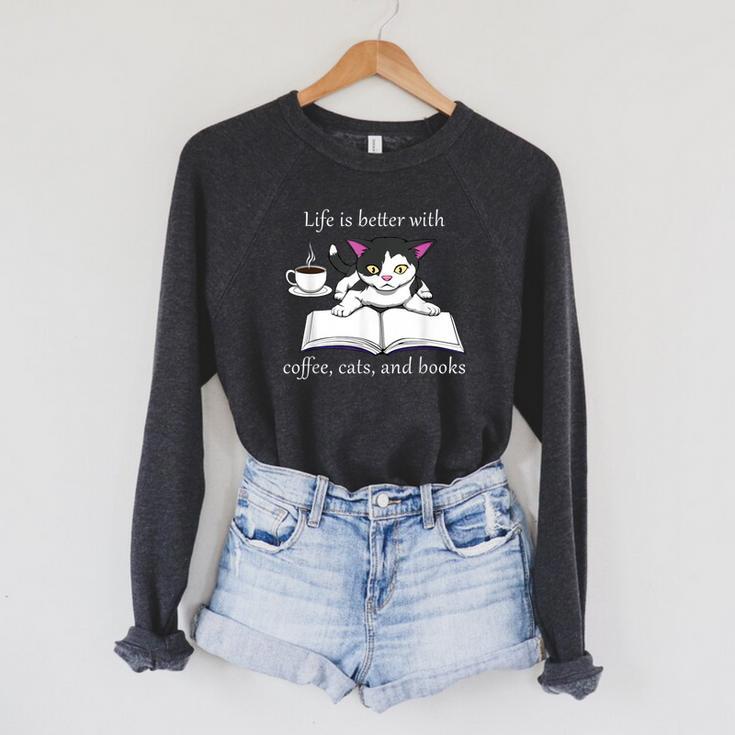 Cat Reads a Book Reading Coffee Raglan Sleeve Sweatshirt