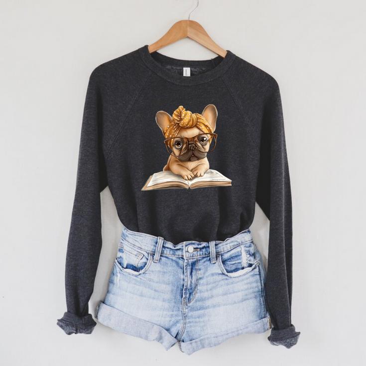 Cute Bulldog Reading Dog Book Lover Animal Graphic French Raglan Sleeve Sweatshirt