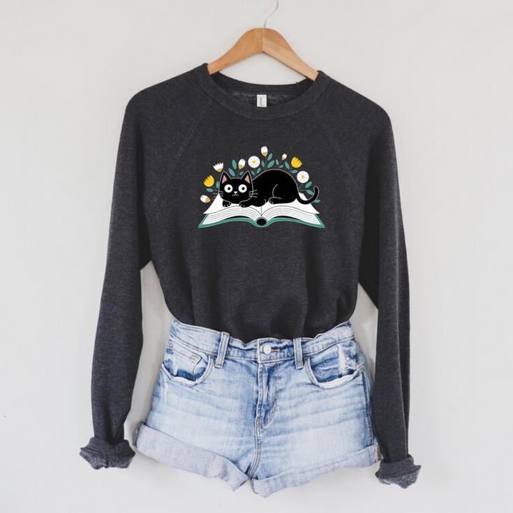Cute Cat On Book Fun Flower Feline Pet Lover Premium Tri-Blend Raglan Sleeve Sweatshirt