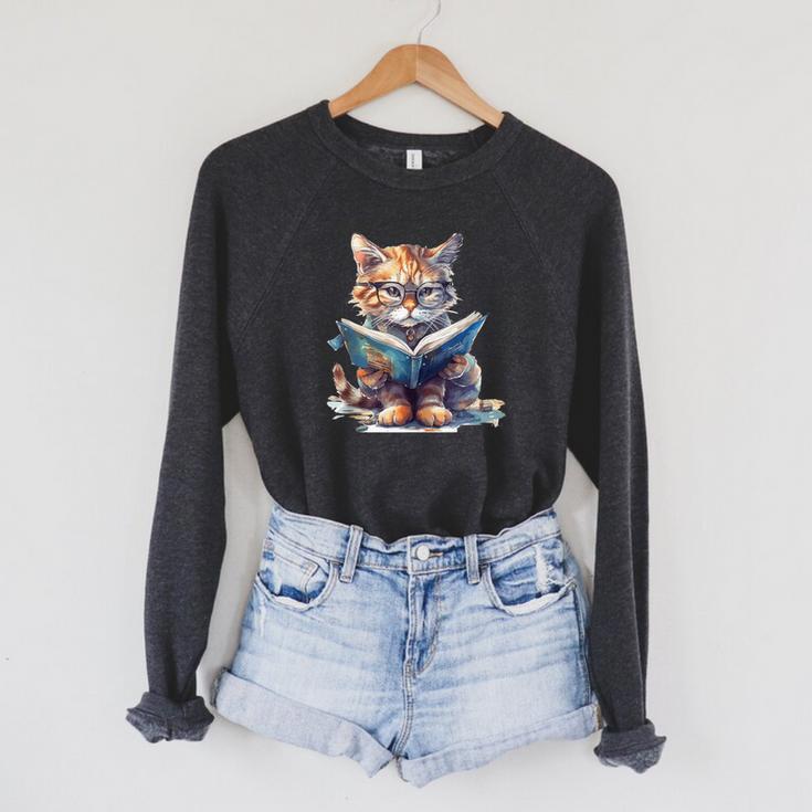 Cute Cat Wearing Glasses Reading a Book Raglan Sleeve Sweatshirt