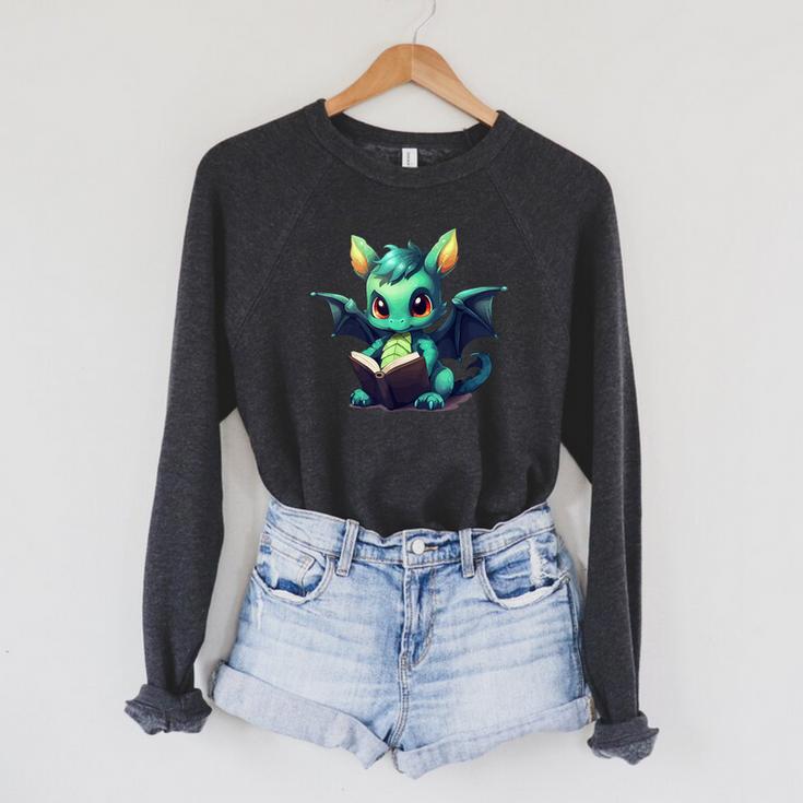 Cute Dragon With Book Raglan Sleeve Sweatshirt