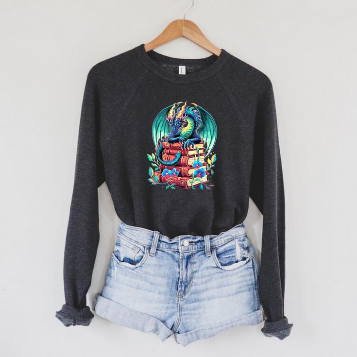 Cute Dragon Books Flower Bookworm Book Lover Raglan Sleeve Sweatshirt