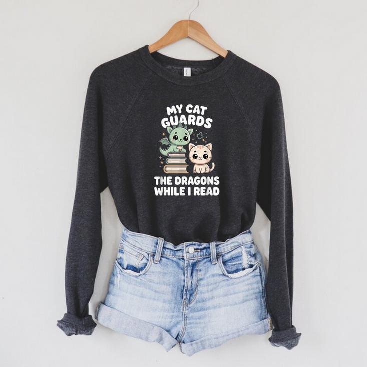Cute Fantasy Book Reader Apparel Cat Dragon Bookish Magic Raglan Sleeve Sweatshirt
