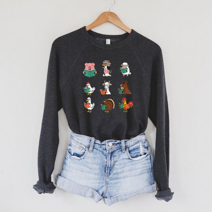 Cute Farm Animals Reading Books Teacher Library Reader Raglan Sleeve Sweatshirt