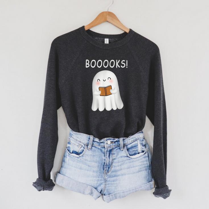 Cute Ghost Book Reading Halloween Teacher Booooks For Men Women Kids Raglan Sleeve Sweatshirt