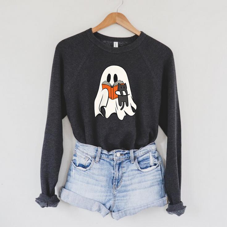 Cute Ghost Cat Reading Book Spooky Season Halloween Costume Raglan Sleeve Sweatshirt Cute Ghost Cat Reading Book Spooky Season Halloween Costume Raglan Sleeve Sweatshirt