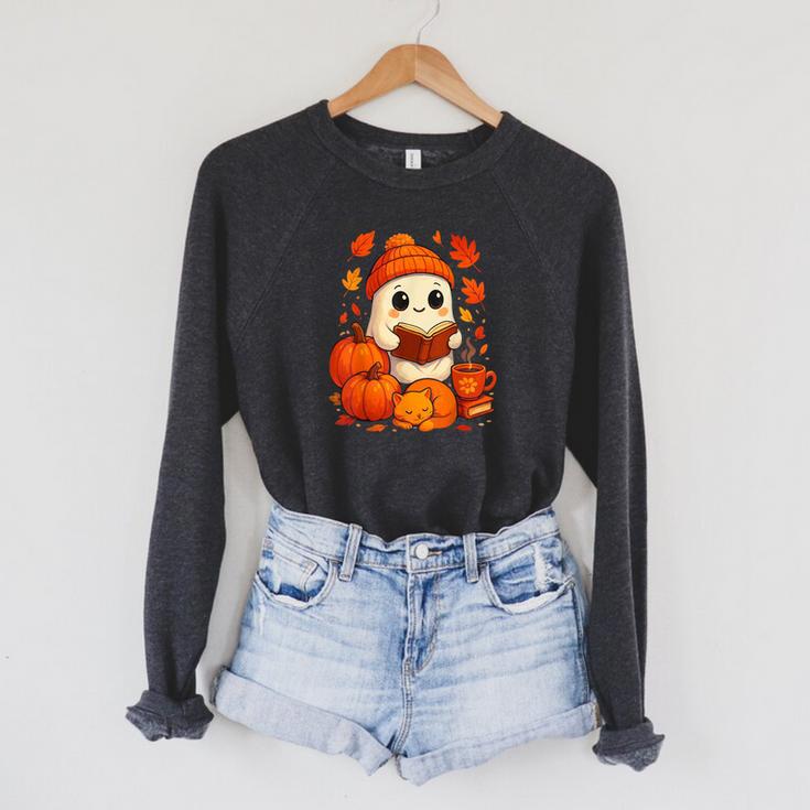 Cute Ghost Reading Book Autumn Pumpkins Cat Coffee Halloween Raglan Sleeve Sweatshirt
