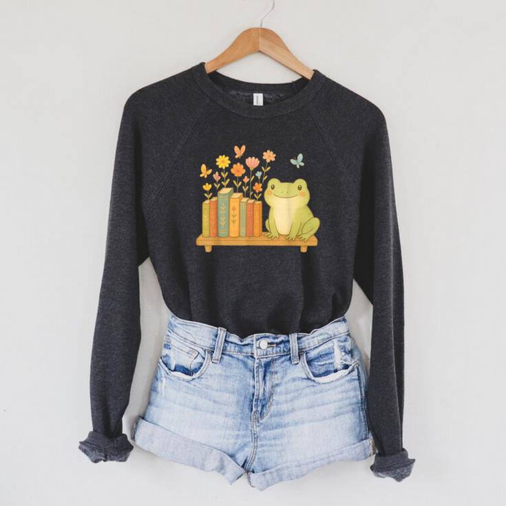 Cute Kawaii Frog Books Flowers Raglan Sleeve Sweatshirt