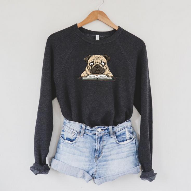 Cute Pug Dog Reading Book Love To Read Raglan Sleeve Sweatshirt