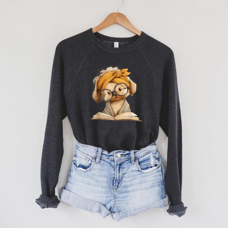 Cute Puppy Reading Dog Book Lover Animal Graphic Small Open Raglan Sleeve Sweatshirt