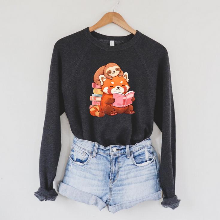 Cute Red Panda Reading Book Sloth Kawaii Animal Raglan Sleeve Sweatshirt