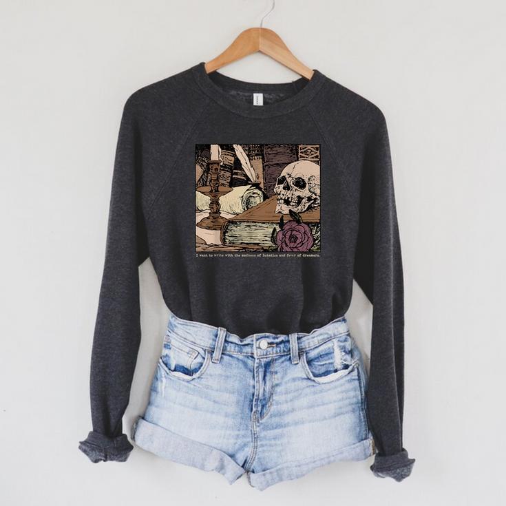 Dark Academia Aesthetic Skull Writer Authors Book Lover Raglan Sleeve Sweatshirt