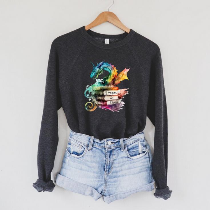 Dragons And Books Watercolor Fantasy Dragon Lover Theme Raglan Sleeve Sweatshirt
