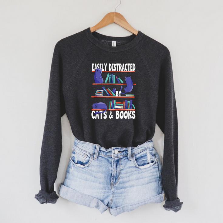 Easily Distracted By Cats And Book Bookworm Cat Lover For Men Women Raglan Sleeve Sweatshirt