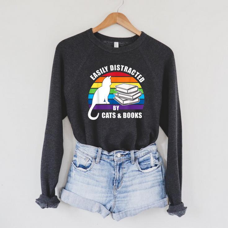Easily Distracted By Cats And Books – Retro Sunset Rainbow Raglan Sleeve Sweatshirt