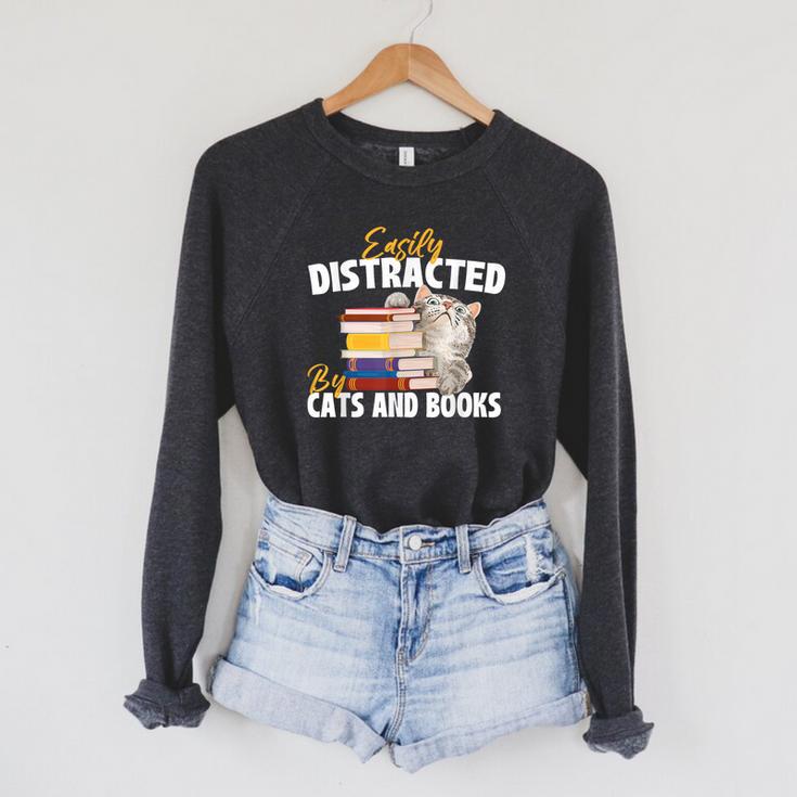 Easily Distracted By Cats And Books Bookworm Pet Lover Raglan Sleeve Sweatshirt