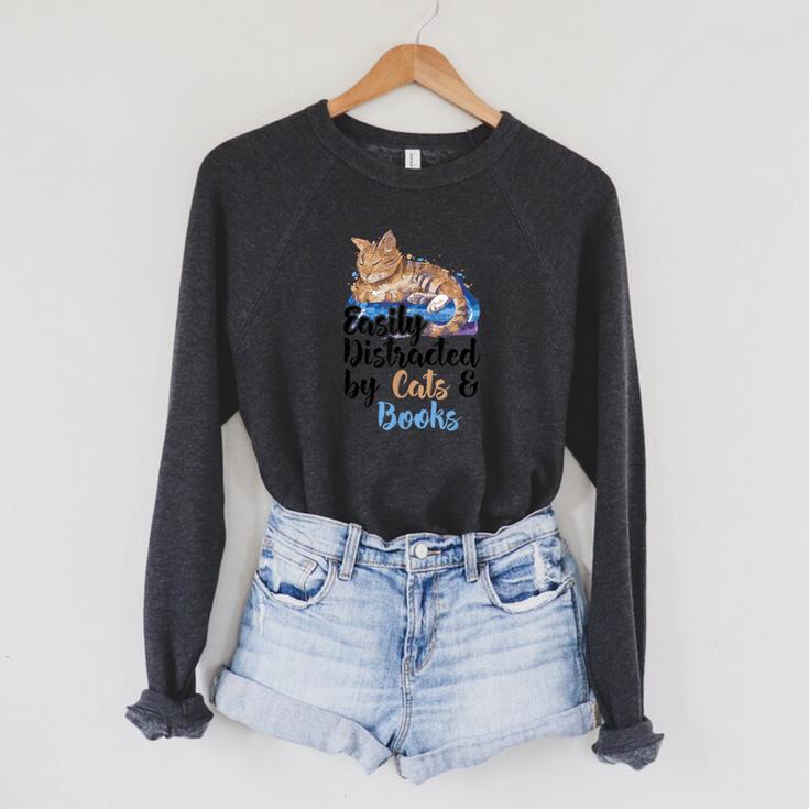 Easily Distracted By Cats And Books For Cat Lovers Men Women Kids Raglan Sleeve Sweatshirt