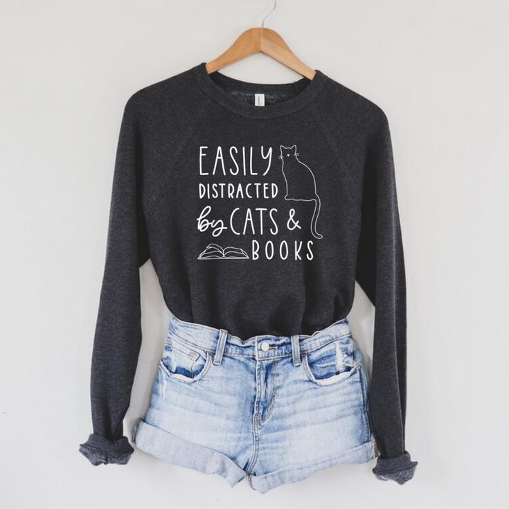 Easily Distracted Cats And Books For Cat Lovers For Men Women Kids Raglan Sleeve Sweatshirt