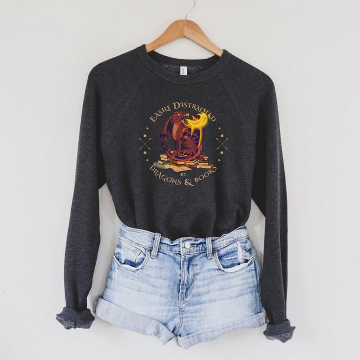 Easily Distracted By Dragons And Books Nerd Red Dragon Raglan Sleeve Sweatshirt