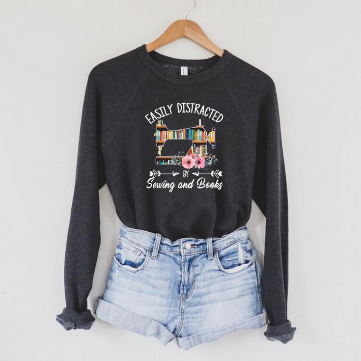 Easily Distracted By Sewing And Books Quilters Raglan Sleeve Sweatshirt