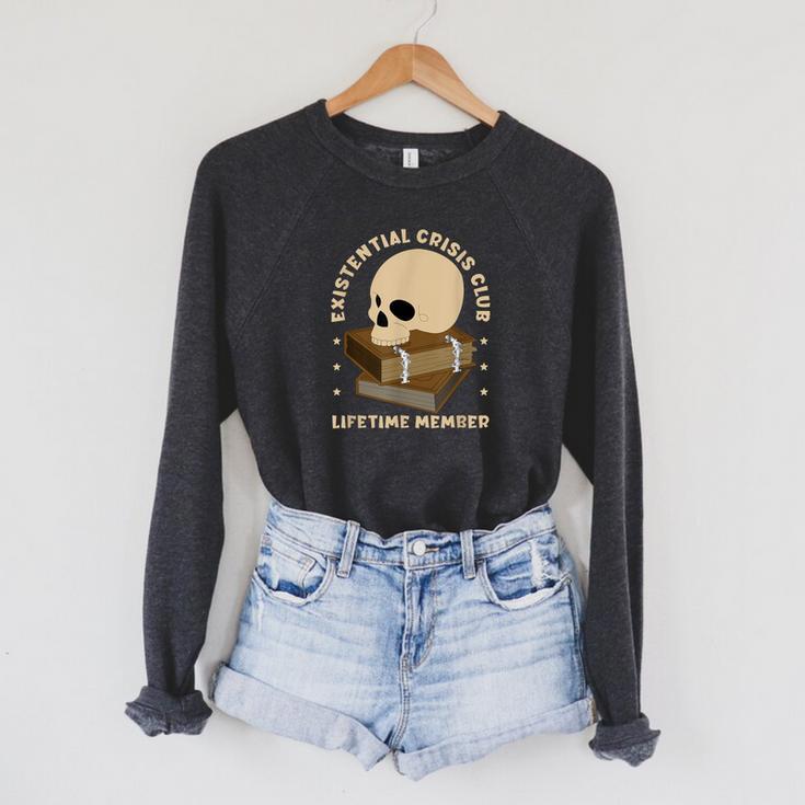 Existential Crisis Club Lifetime Member Skull Books Sarcasm Raglan Sleeve Sweatshirt