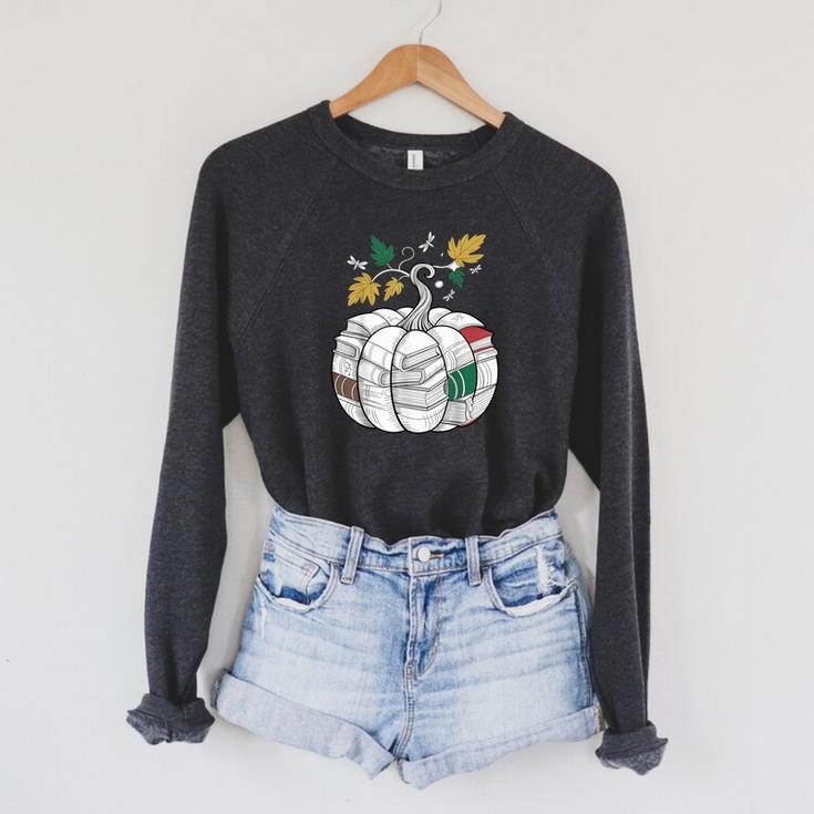 Fall Bookshelf Pumpkin Autumn Reading Raglan Sleeve Sweatshirt