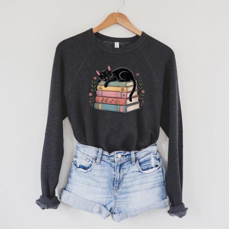 Floral Cat Sleeping On Books Raglan Sleeve Sweatshirt