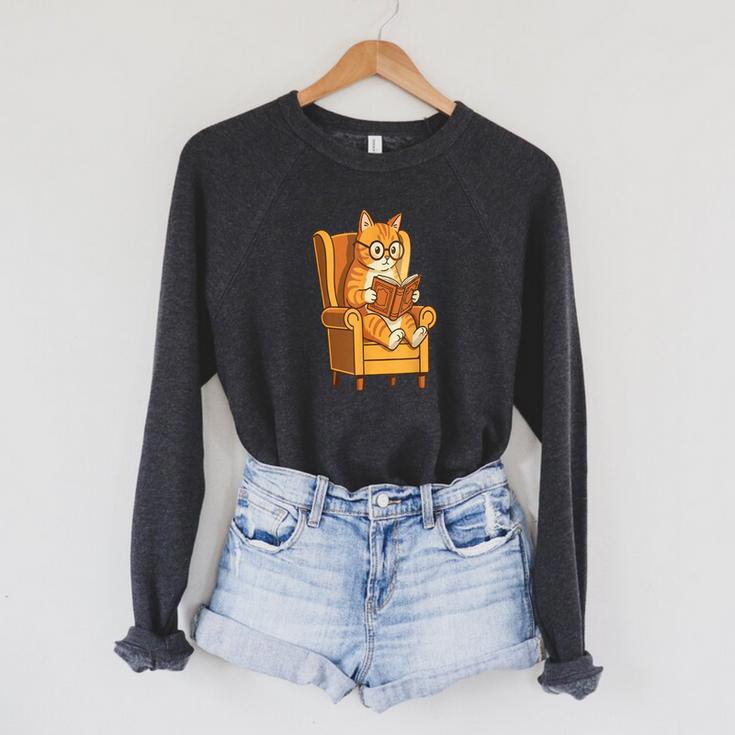 Ginger Tabby Cat Reading Book Glasses Retro Illustration Raglan Sleeve Sweatshirt Ginger Tabby Cat Reading Book Glasses Retro Illustration Raglan Sleeve Sweatshirt