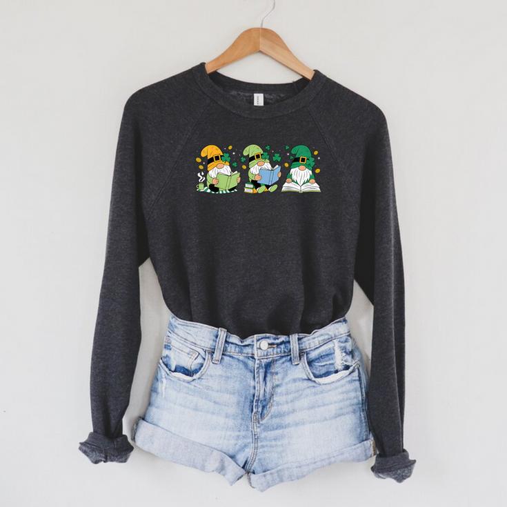 Gnomes Reading Books Teacher St Patricks Day Shamrock Irish Raglan Sleeve Sweatshirt