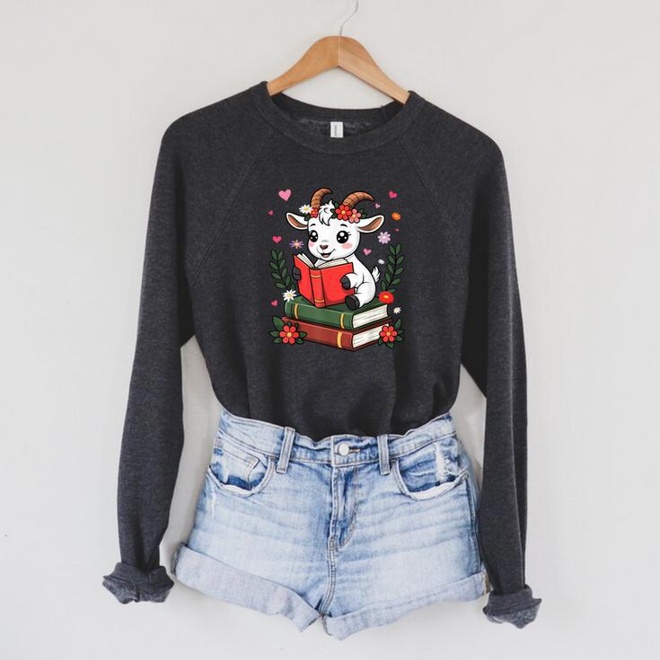 Goat Reading Book Graphic With Floral Raglan Sleeve Sweatshirt