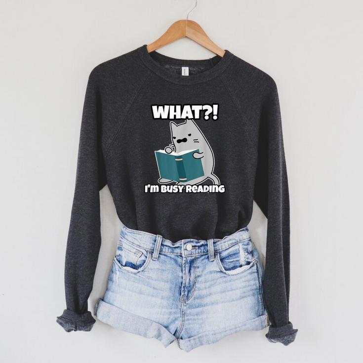 Grey Cat Reading Book Busy Doing Book Related Things Men Women Kids Raglan Sleeve Sweatshirt