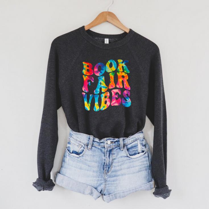 Groovy 70s Book Fair Vibe Tie Dye Reading School Librarian Raglan Sleeve Sweatshirt