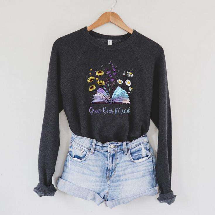 Grow Your Mind Wildflower Book Floral Motivation Raglan Sleeve Sweatshirt
