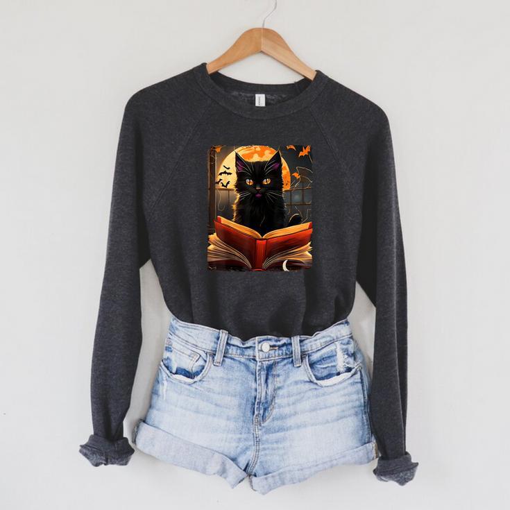 Halloween Cat Reading Books Spooky Cat Reader Teachers For Men Women Kids Raglan Sleeve Sweatshirt